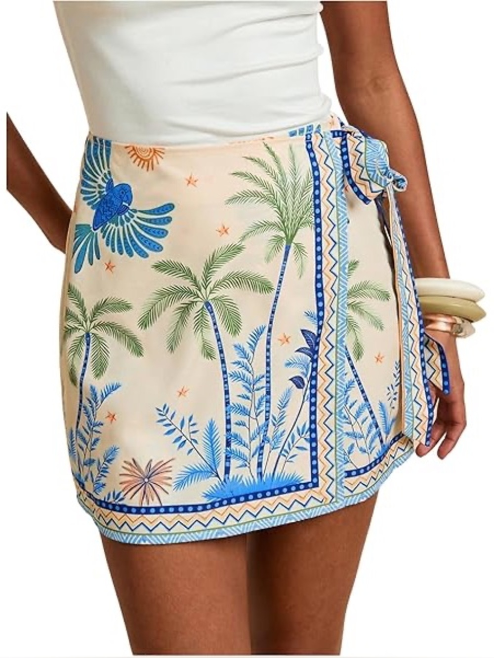 Tropical Palm Print Wrap Skirt - Blue & Cream. Size L. New with tags.